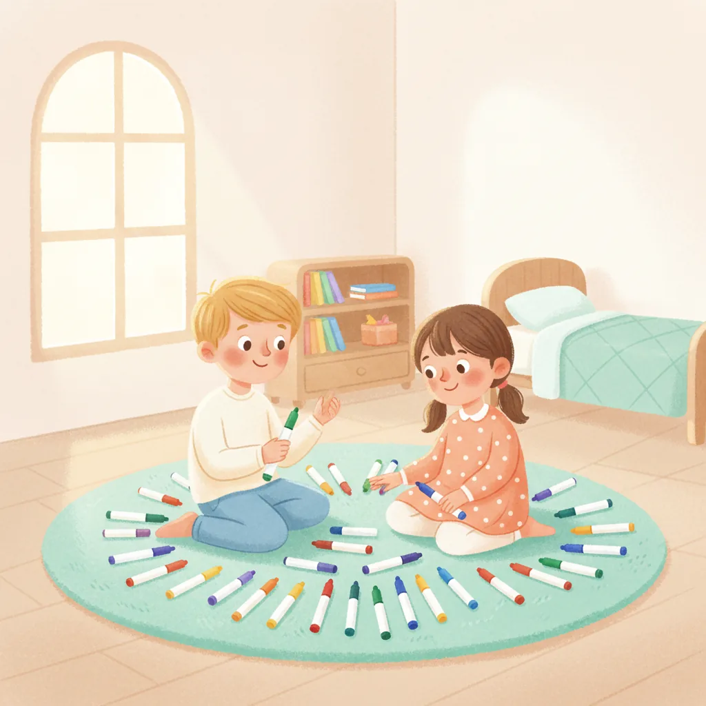 Illustration for: En la habitación de Sele, veo muchos rotuladores de colores.
