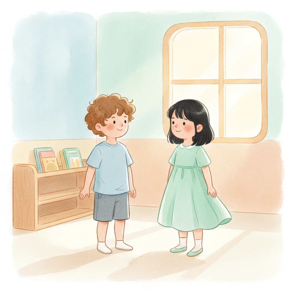 Illustration for: I see a new friend at school.