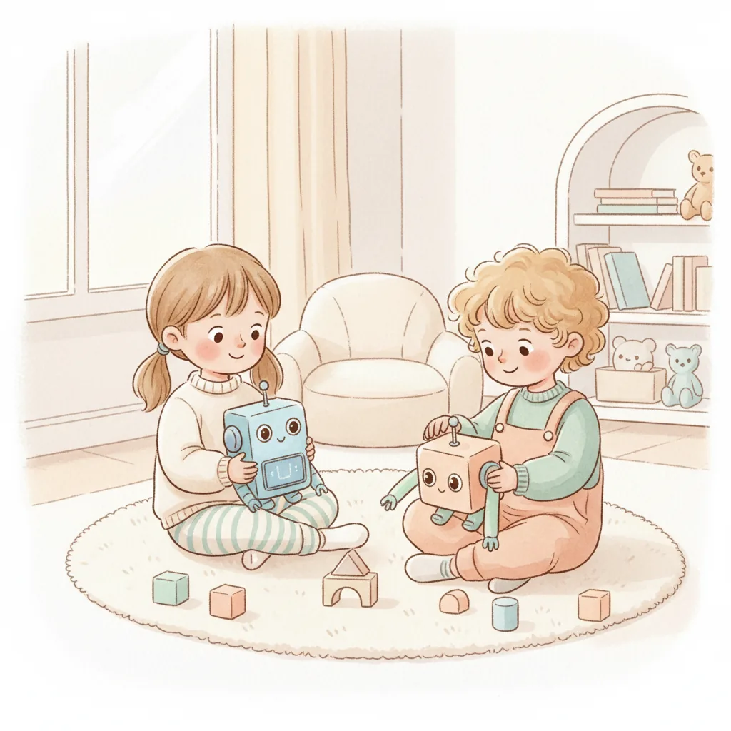 Illustration for: I saw my friends playing with robot toys.