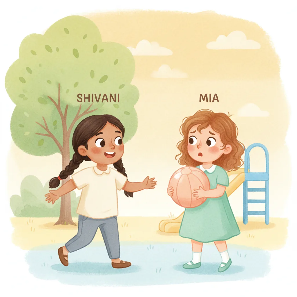 Illustration for: I was in the playground with my friend Mia. She had a new ball. I wanted to play with it too.