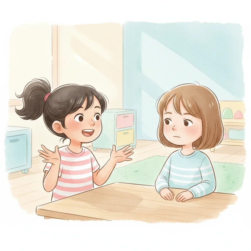 Illustration for: I felt excited. I ran to Mia and started talking. Mia looked at me but didn't smile.