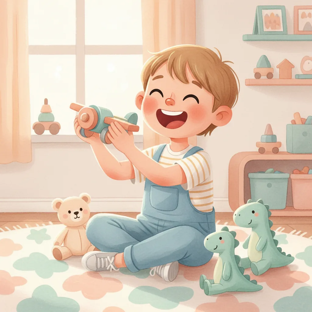 Illustration for: Sometimes, Renzo feels happy. He smiles and laughs when he plays with his toys.