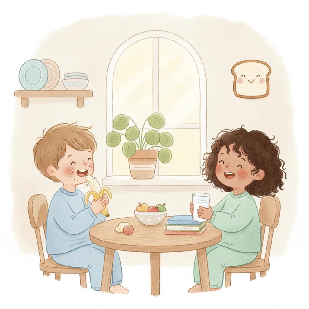 Illustration for: Jeg spiser en banan og drikker et glas mælk.