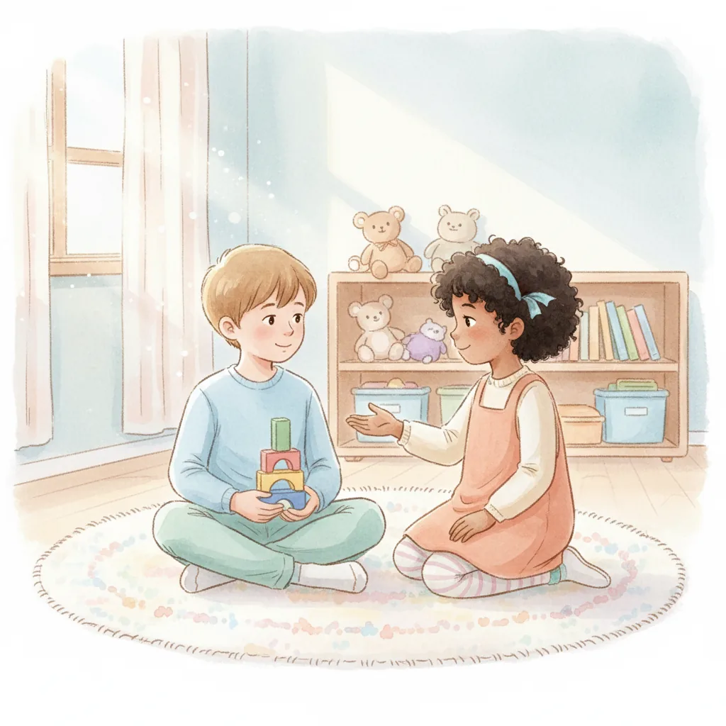 Illustration for: My friend Mia came over. She wanted to play with the blocks too.