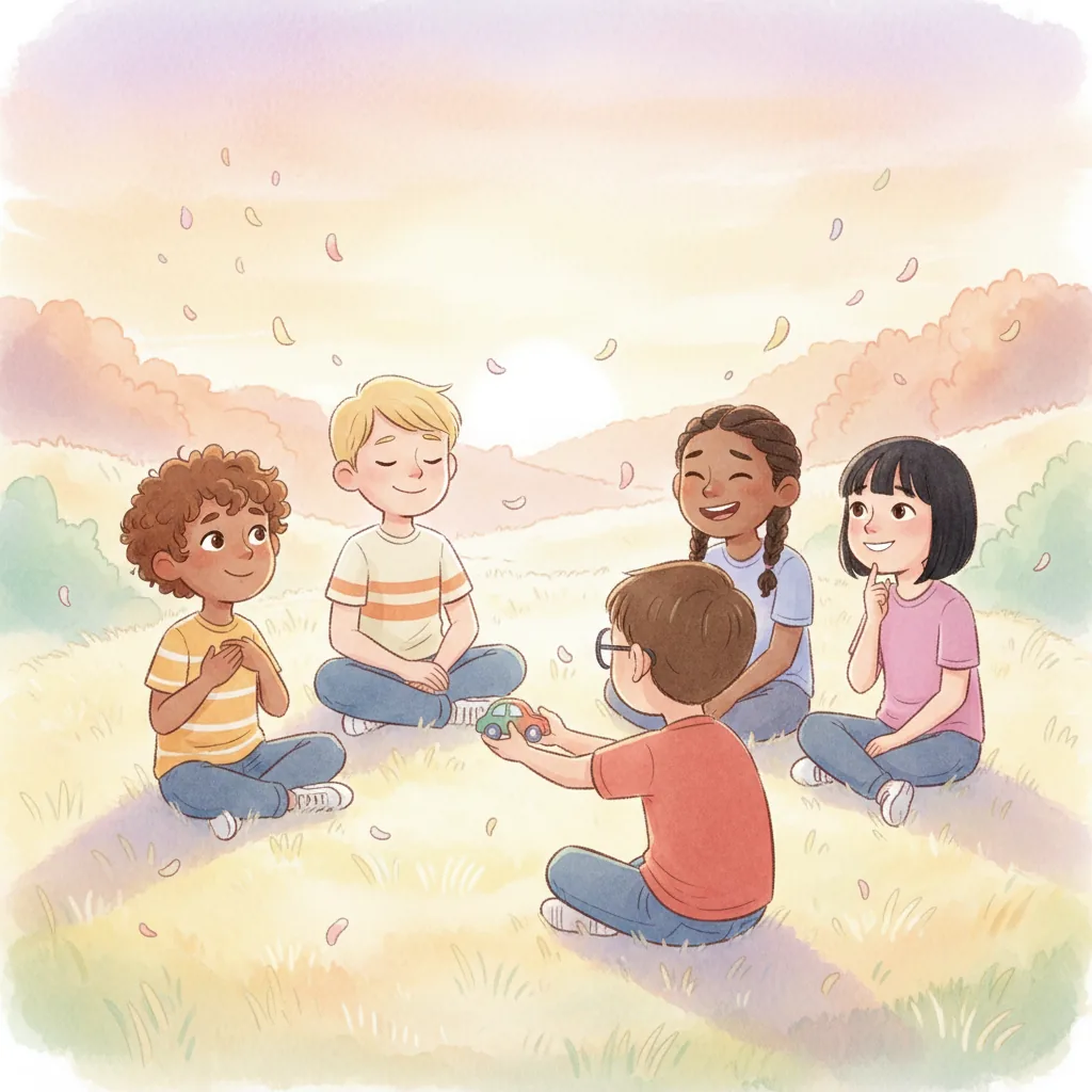 Five diverse children practicing social-emotional learning together — sharing, listening, breathing calmly, and noticing feelings