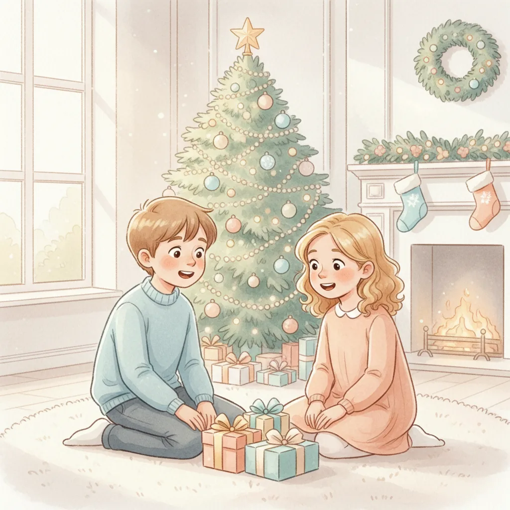Illustration for: Det er juleaften, og jeg ser mange gaver under træet.