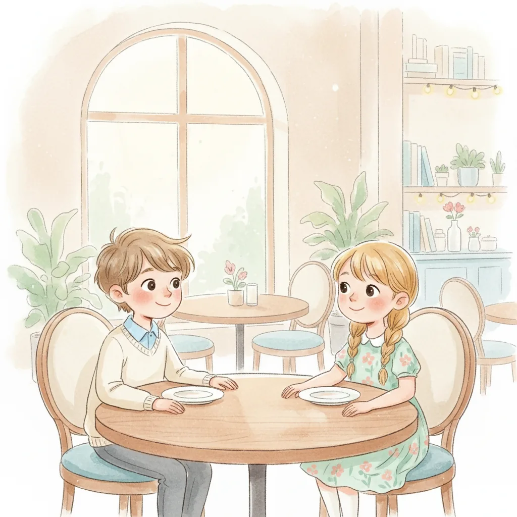 Illustration for: Today, I am going out to eat with my family. I feel excited and a little bit nervous.
