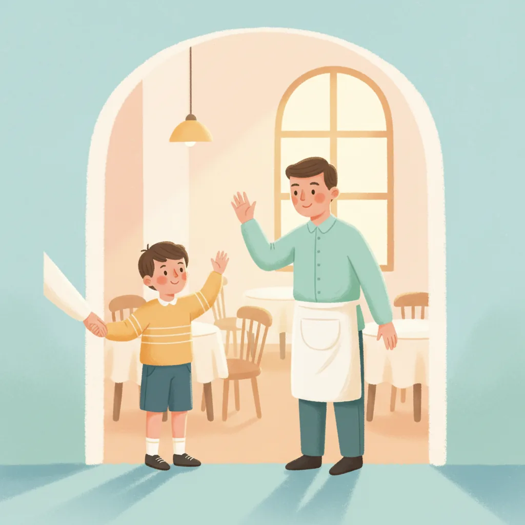 Illustration for: When we get to the restaurant, I say, "Hello" to the waiter. The waiter smiles and says, "Hello."