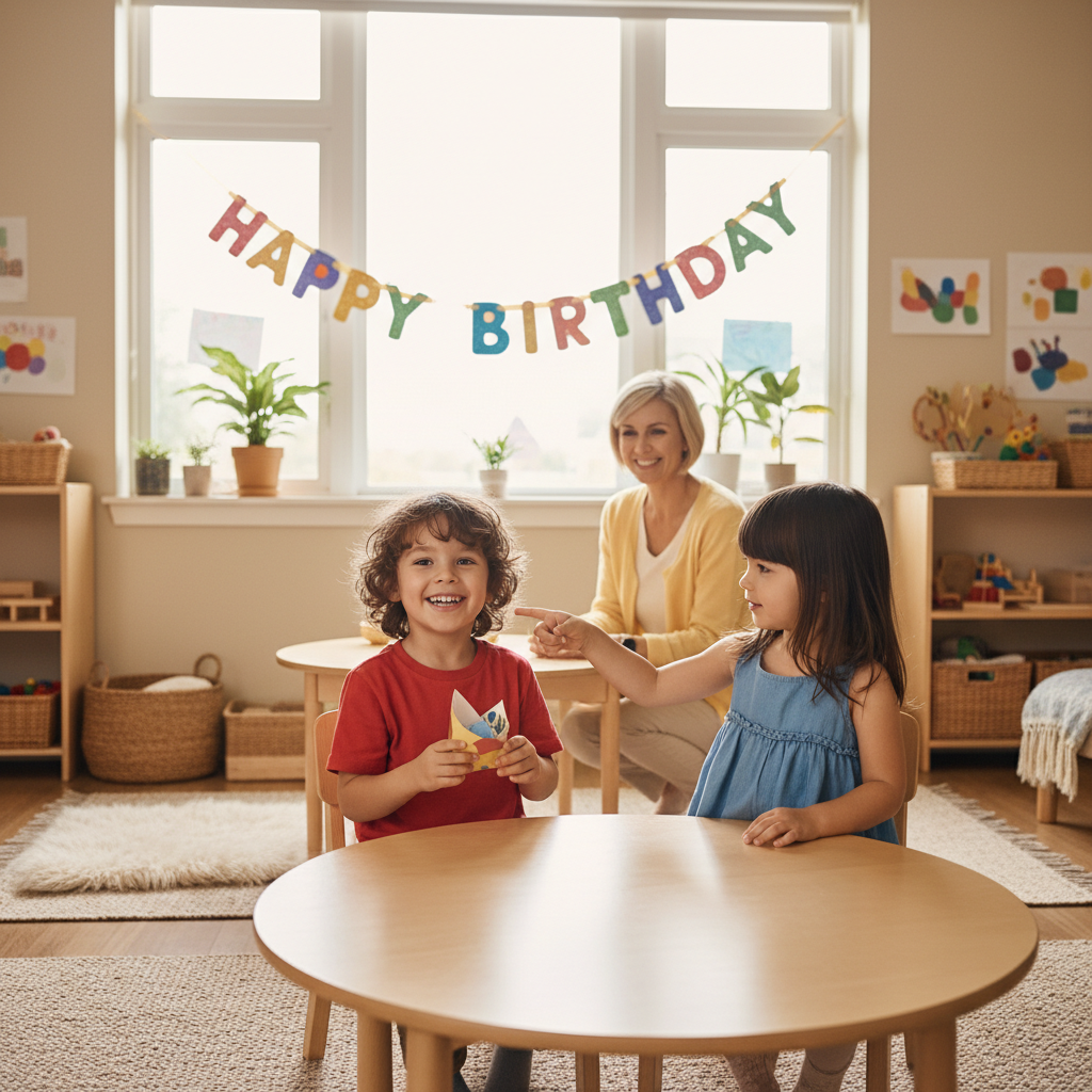 Illustration for: Today is my birthday at school. I feel excited.